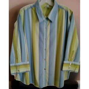 BillBlass Women's Blouse 2X Green/Blue Stripes Button Flare Button Sleeve Cotton